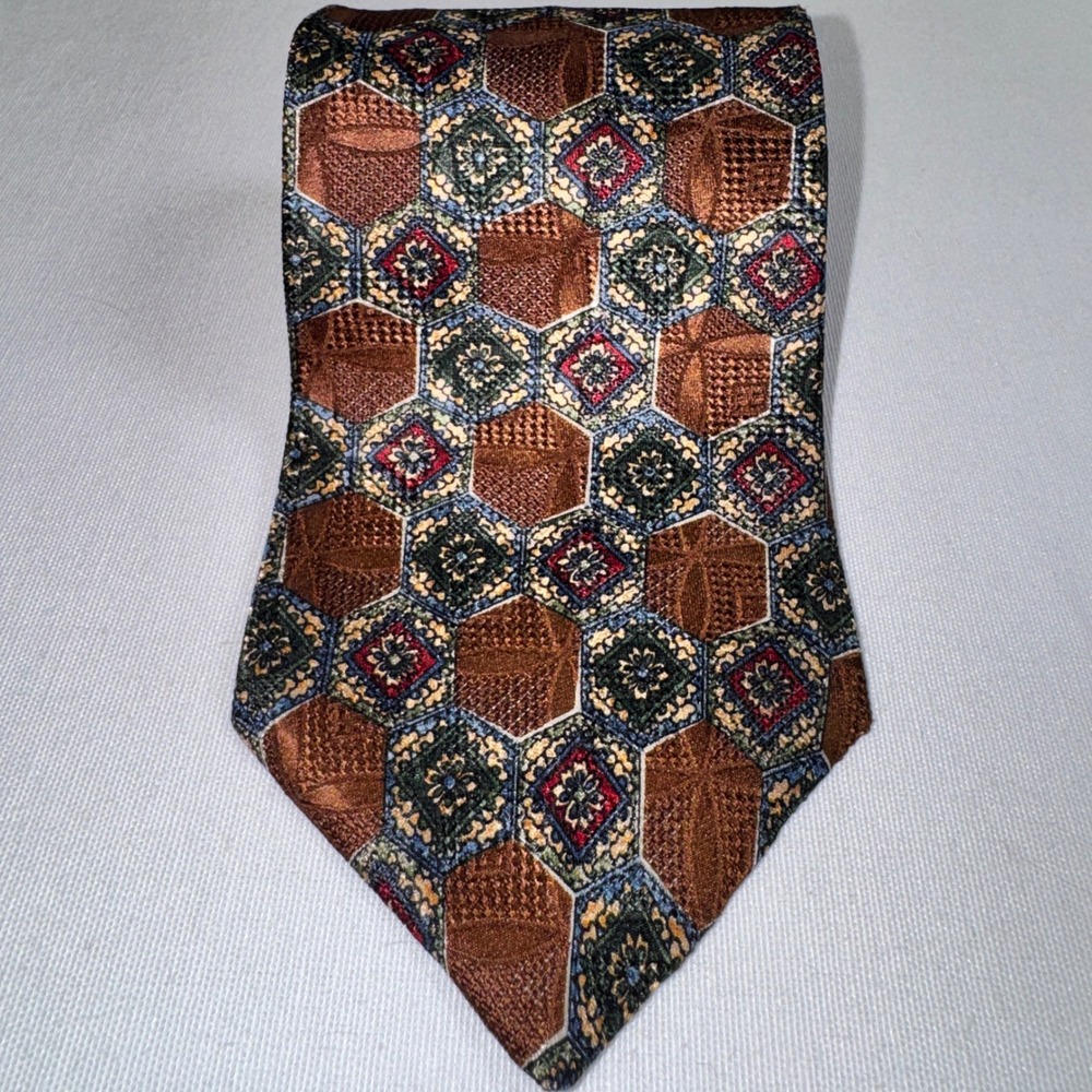Oscar de la Renta Mens Silk Tie Brown Green Geometric Honeycomb Medallion USA